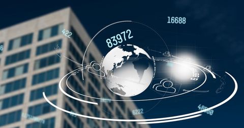 Digital Numbers and Spinning Globe Against Skyscraper - Download Free Stock Images Pikwizard.com