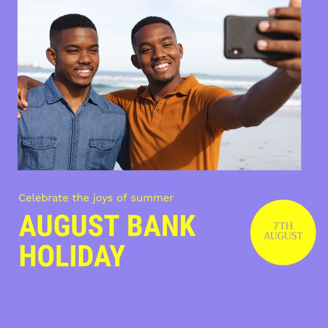 Two African American men smiling and taking a selfie on a beach, promoting good vibes and summer energy. Suitable for use in marketing materials, advertisements, and social media posts celebrating the August bank holiday. Ideal for conveying themes of friendship, joy, and summer adventures.