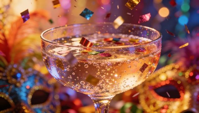 Bubbling champagne coupe with confetti and masquerade masks celebrating party night