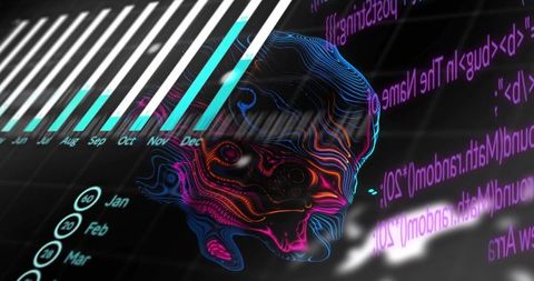 Neon 3d morphing data blob rotating over interactive monthly bar chart and code stream