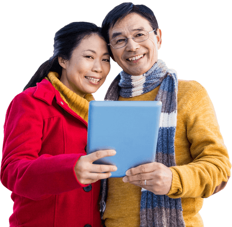 Asian Couple Enjoying Tablet Together in Fall Attire - Transparent Background