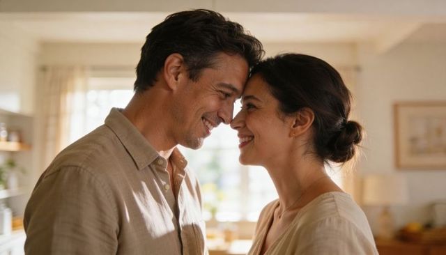 Couple leaning foreheads together smiling in sunlit cozy kitchen sharing tender intimacy