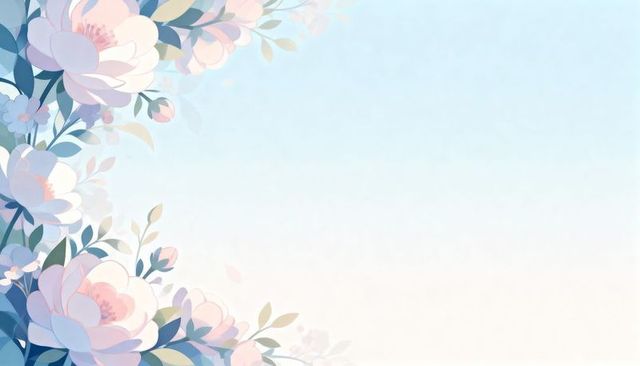 Pastel peony corner border with soft blue gradient and ample copy space for invitations