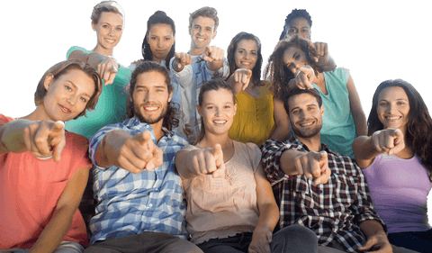 Cheerful Group Pointing Forward with Smiles on Transparent Background