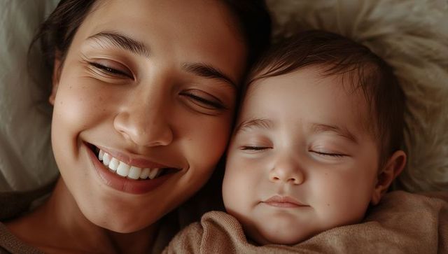 Smiling mother cuddling sleeping infant in cozy bed sharing tender bonding moment