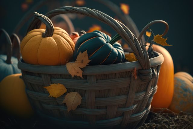 Wooden basket with colorful pumpkins and autumn leaves created using generative ai technology. Autumn, halloween and nature concept digitally generated image.