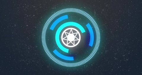 Futuristic HUD interface with glowing circular telemetry rings and star emblem on starfield