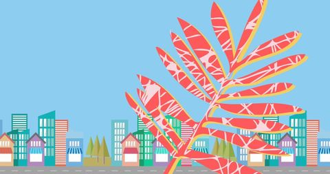 Colorful leaf over abstract cityscape illustration