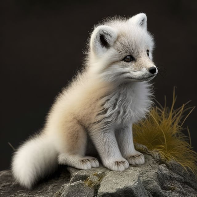 Small Arctic fox pup with fluffy fur sitting on rock. Ideal for wildlife photography, animal articles, nature education materials, and wall art decor for children's rooms.