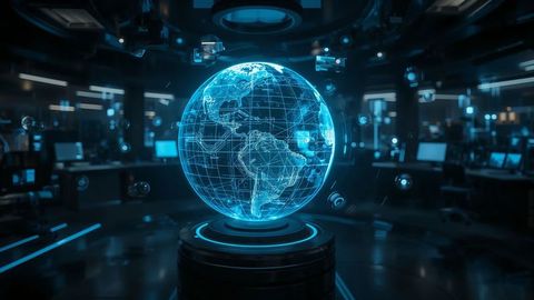 Holographic globe with technological interface in control room