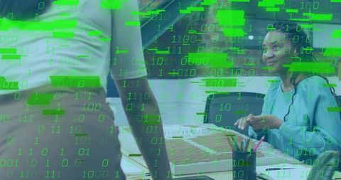Woman joining meeting while digital matrix overlay streaming across collaborative office