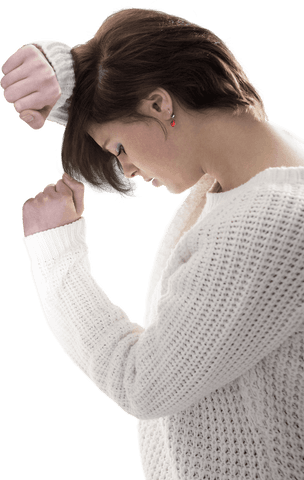 Transparent woman leaning with solemn expression against surface