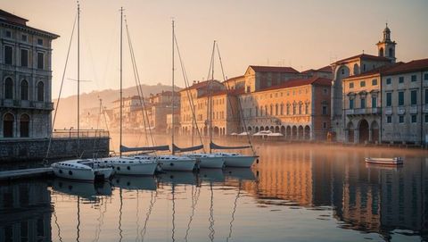 Sunrise Over Historic Harbor with Anchored Sailboats