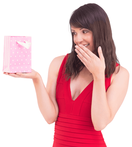 Transparent woman in red dress holding gift bag with delight