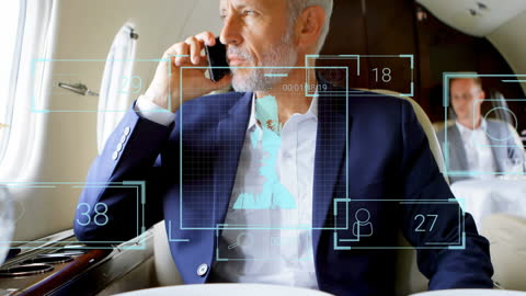 Businessman Networking on Private Jet with Modern Technology Graphics