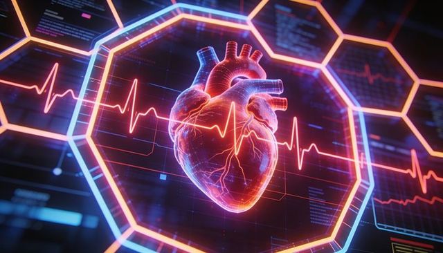 Pulsing holographic heart displaying ecg waveform in futuristic neon hud
