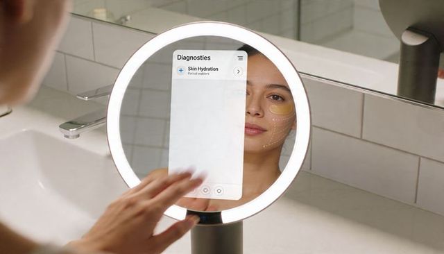 Woman interacting with illuminated smart mirror displaying skin hydration diagnostics