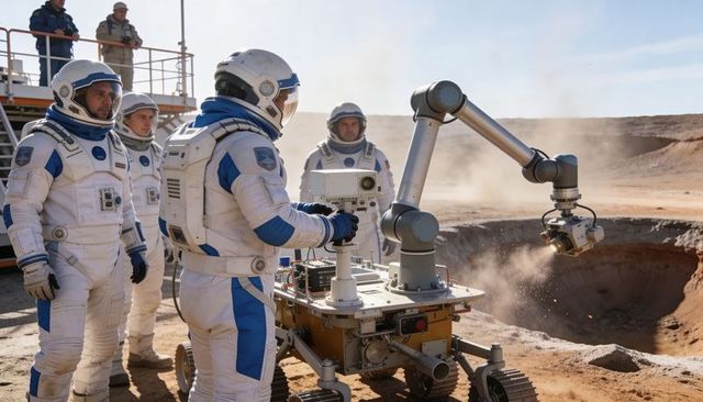 Astronauts Operating Rover Arm at Desert Crater During Planetary Robotics Test