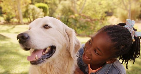 Young African American Girl Bonding with Golden Retriever in Sunny Park - Download Free Stock Images Pikwizard.com