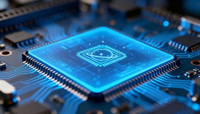 Glowing blue ai processor with holographic planet icon on circuit board