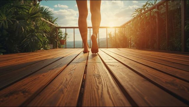 Serene Morning View from Wooden Deck Overlooking Scenic Mountains