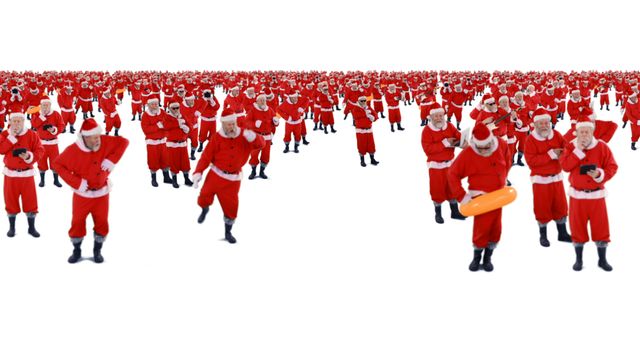 A large group of people dressed as Santa Claus seems to be participating in a fun run outdoors. The scene emphasizes festive spirit, camaraderie, and joy of the Christmas season. Ideal for use in advertising holiday events, festive promotions, or community celebrations.