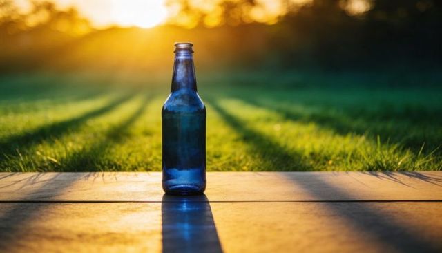 Backlit Blue Glass Bottle Casting Long Shadow on Wooden Deck at Golden Hour