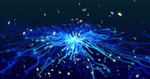 Neon energy core sending glowing filaments and dotted trails through holographic void