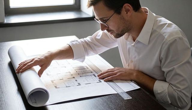 Architect studying architectural plan, measuring with metal ruler at desk by window