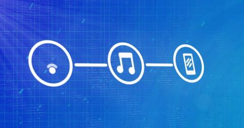 Network connectivity and media streaming technology icons on blue grid
