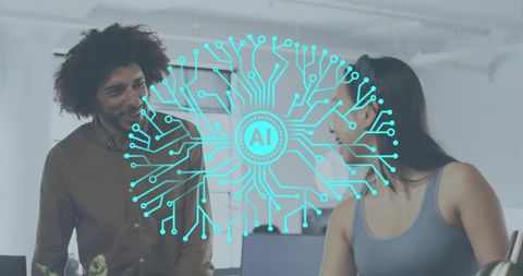 Discussing AI collaboration in modern office workspace with circuit board overlay