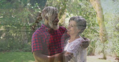 Embracing Mature Couple in Backyard with Nature Double-Exposure