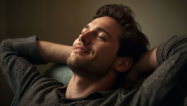 Relaxing young man reclining in armchair with closed eyes, cozy sweater, intimate portrait