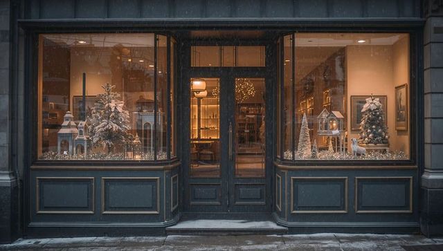 Charming boutique storefront with warm holiday window displays, snowy trees and reindeer