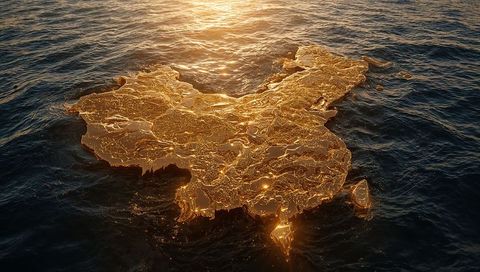 Golden map of china floating abstraction on ocean waves