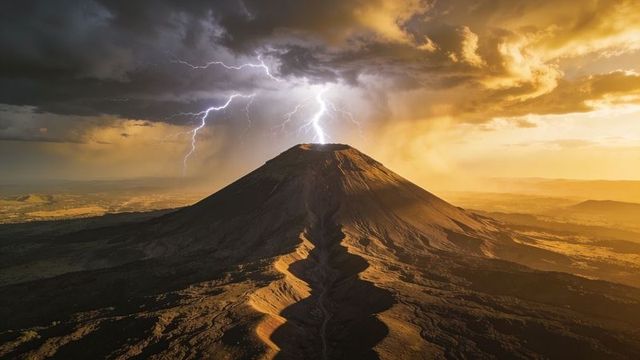 Stratovolcano sending lightning at sunset over sunlit volcanic plateau and thunderstorm