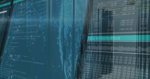 Glass Panels Showing Live Code, Encrypted UI, Network Map and Waveform for Cybersecurity