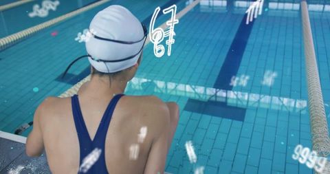 Competitive Swimmer Resting Poolside with Performance Metrics Overlay