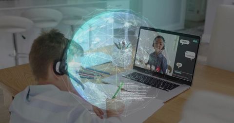 Child Engaged in Online Learning with Digital Globe