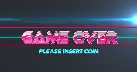 Retro game over screen with insert coin text