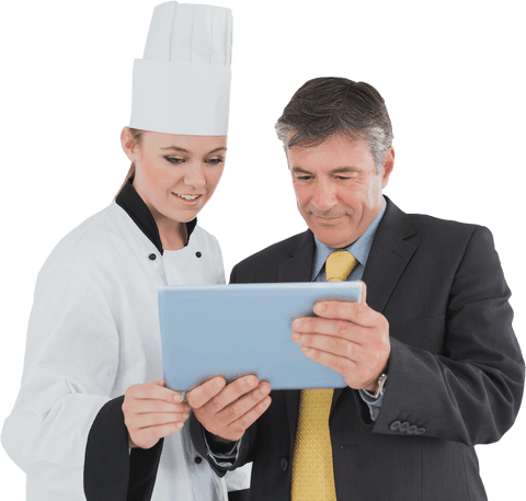 Businessman Collaborating with Female Chef on Tablet Transparent