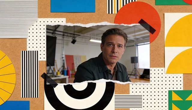 Middle-aged man posing in modern creative studio with colorful corkboard moodboard collage