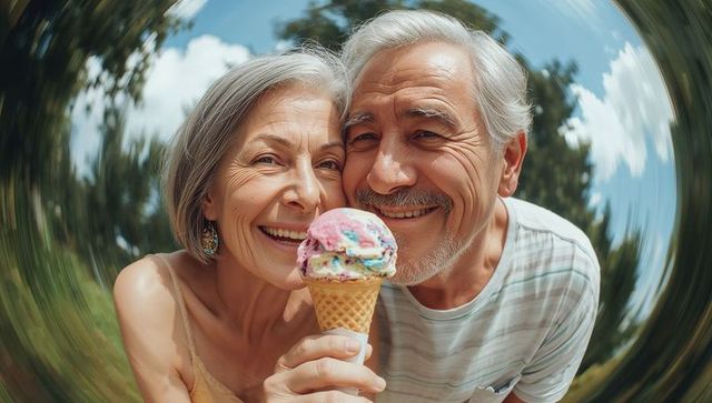 Senior couple sharing colorful ice cream cone in sunny park smiling affectionately