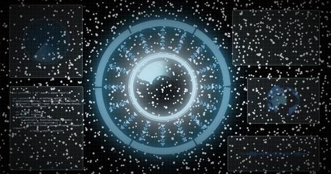 Futuristic Neon Cyan HUD Dashboard with Radial Sphere, Concentric Rings and Data Particles