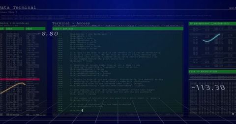 Futuristic cyberpunk terminal dashboard displaying code, red passlist pointer, ip panel, neon grid