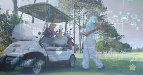 Golfers chatting beside cart on sunny fairway with augmented reality hud overlay, lifestyle