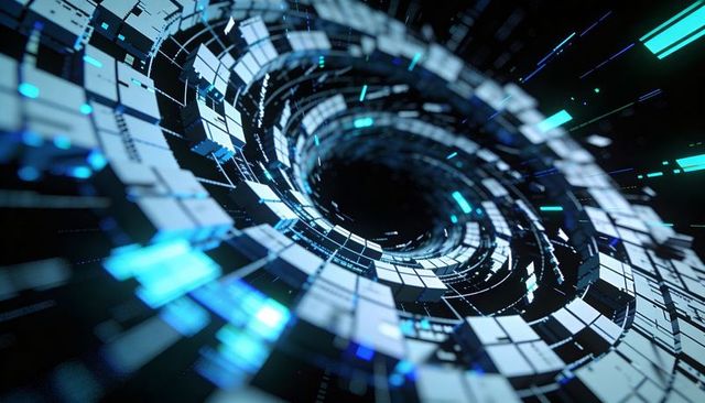 Spiraling digital vortex tunnel rotating into black void with neon cyan panels and cubes