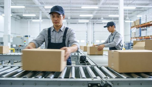 Warehouse team loading cardboard boxes on conveyor line inside modern fulfillment center