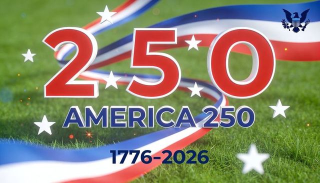 America 250 celebration graphic 1776-2026 red white blue ribbon stars eagle emblem on lawn