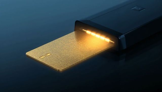 Glowing gold smart card sliding into black reader with amber led contact lights